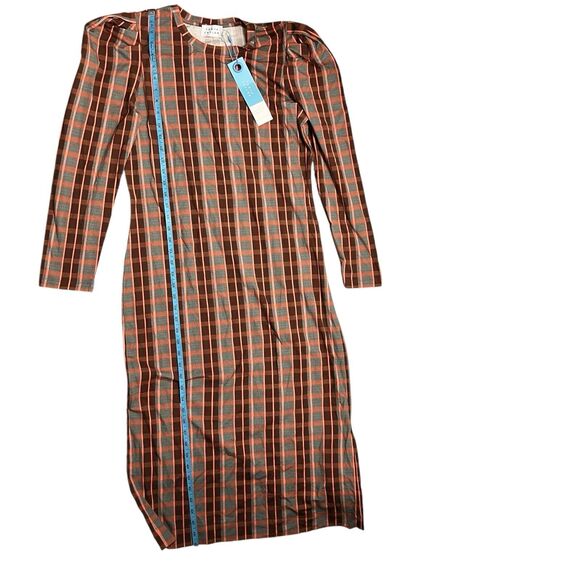 Tanya Taylor Burgundy Plaid Puff Sleeve Midi Dress Womens L Holiday Preppy - Picture 11 of 13